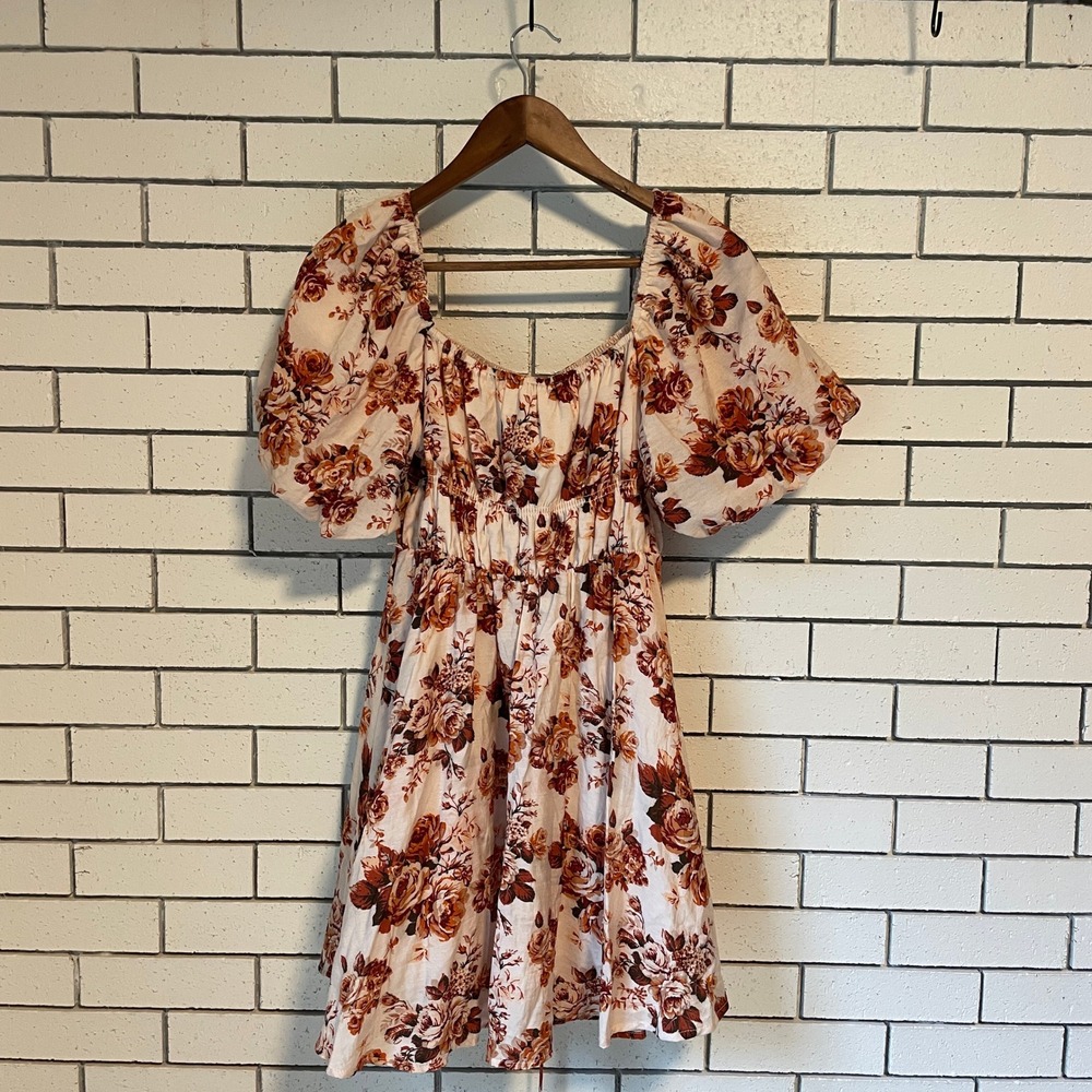 Altar'd State Mintyn Floral Puff Sleeve Mini Dress Rust Cream Small Cottagecore